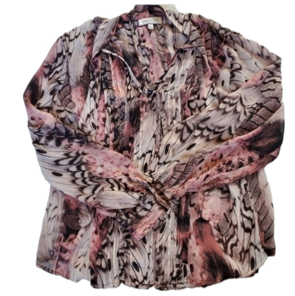 Pleated Button-Front Women's Blouse in Pink Feather Print - Ann Taylor